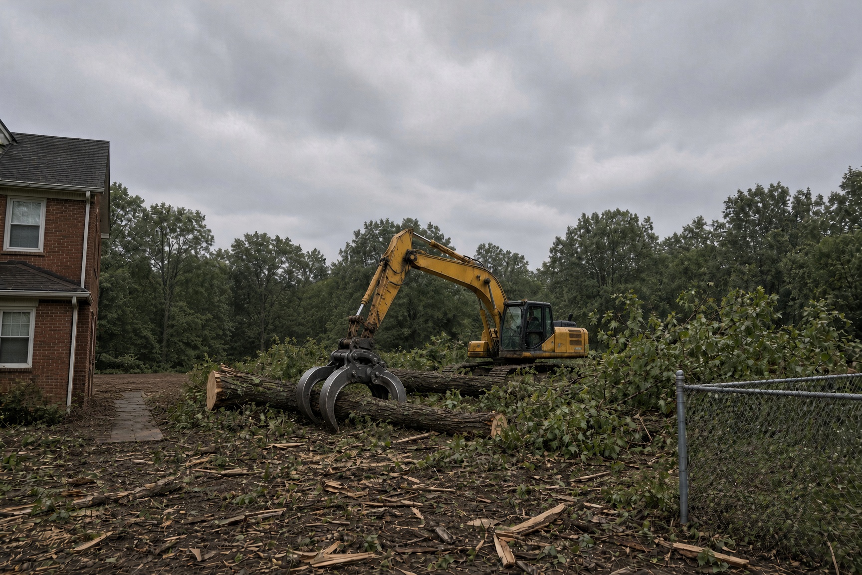 An excavator felling trees on the same lot