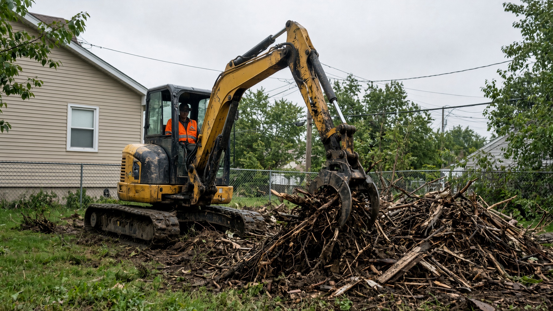 Excavator clearing a debris pile under a storm sky