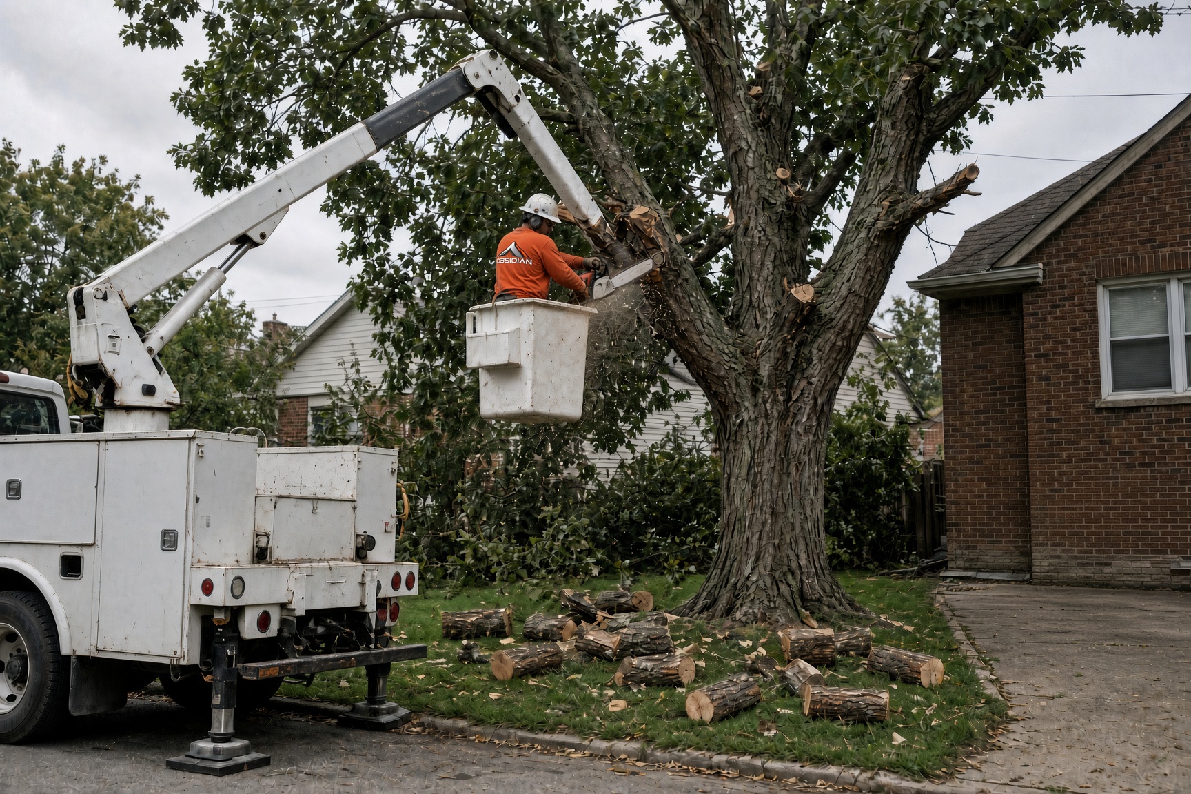 Bucket truck removing a large tree on a suburban lot